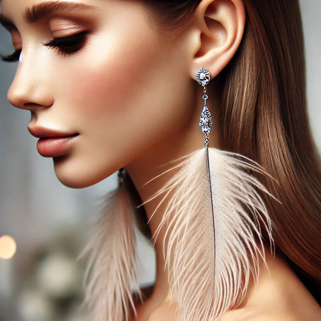 Woman's ear adorned with elegant ostrich feather earrings