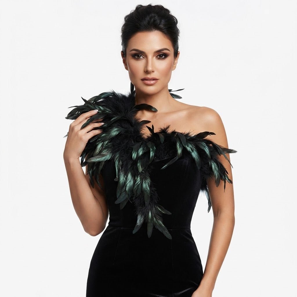 Rooster Black Iridescent Natural Strung Feather Fringe