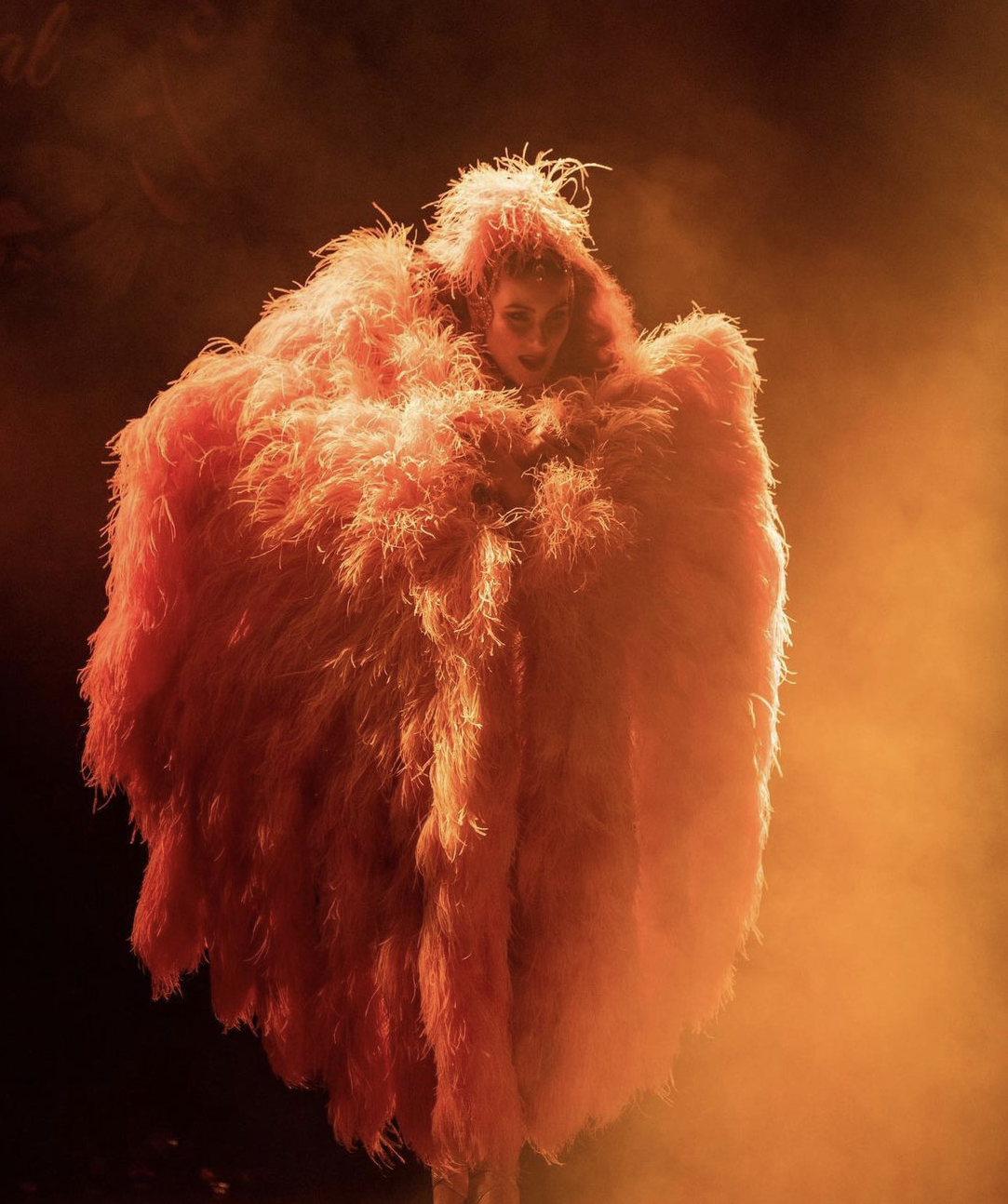 A lady covered in ostrich feather fans