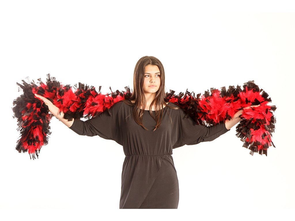 Lady wearing red and white feather boas