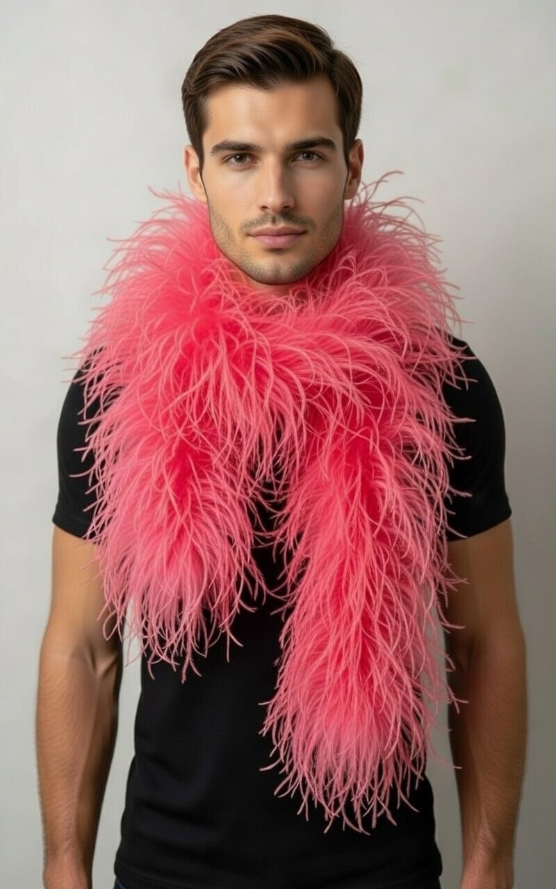 man wearing feather boas