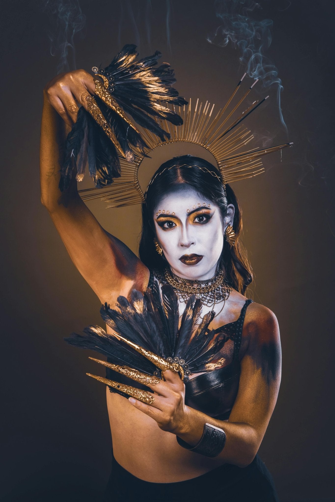 Dramatic Portrait of a Feather-Crowned Performer