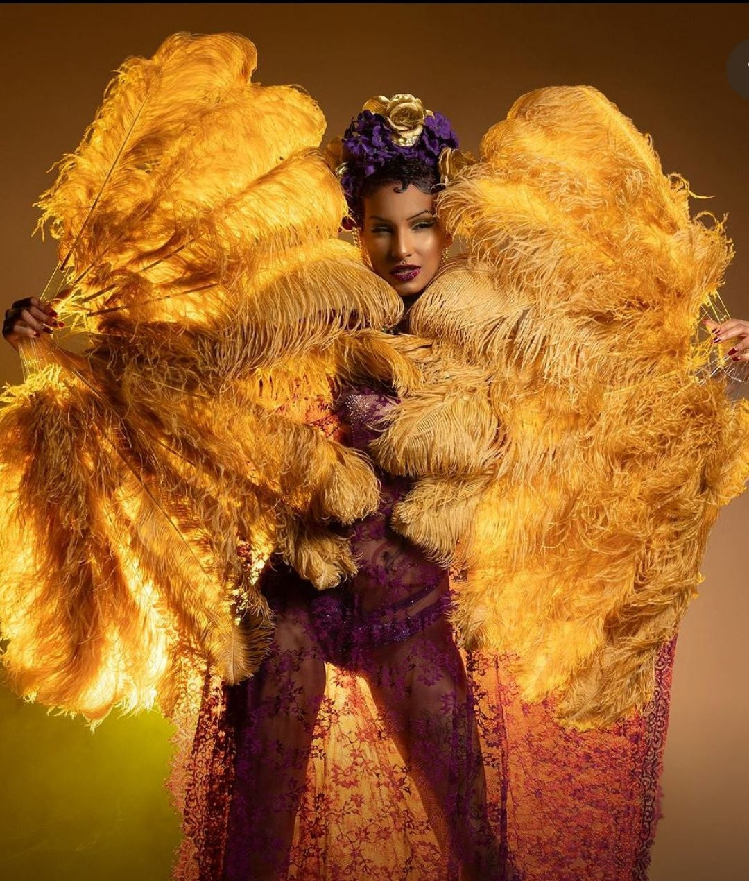 Stunning Burlesque Ostrich Feather Fans In Gold